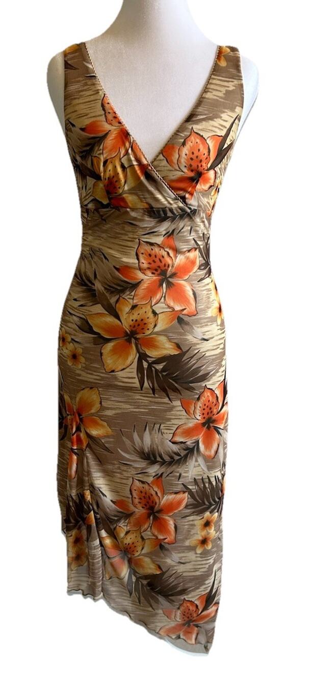 Y2K Asymmetrical Hawaiian Midi Dress S RAMPAGE Orange Floral Tropical Vintage